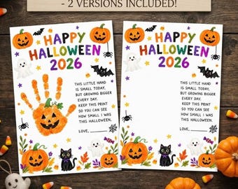 Halloween-handavtryckspyssel att skriva ut, läskig konst för småbarn, gör-det-själv-minnessak för barn, söt Halloween-festaktivitet, direktnedladdning