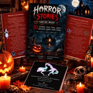 Peut inclure: Un livre intitulé Horror Stories Special Night avec une maison sombre, une citrouille et un crâne sur la couverture. Les pages ouvertes affichent du texte dont Welcome to the Darkness et The Shadow in the Pumpkin Patch, avec une carte illustrée.