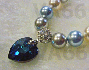 Classic Pearl Necklace Pearls Elegant 18KGP 8mm Swarovski Diamond 18mm Heart Pendant Color Something Blue MOB Bride Bridesmaid