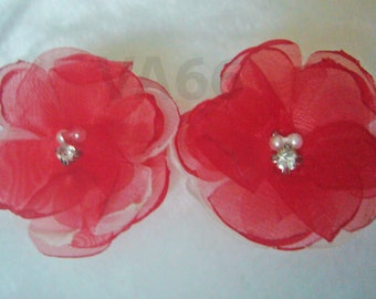 Fabric Flower Earrings Handmade Organza Red White Floral Jewellery Lightweight Rhinestone Pearl Bridal Bridesmaids, Wedding, MOB, Prom, Mom