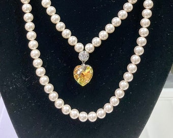 Bridal  2 Layer Double Row White Swarovski Pearl Necklace 18mm Heart Crystal AB pendant Zircon Bail n Clasp Wedding, Bride, Bridemaid,