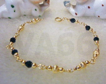 14k Gold Wire Wrapped Black Swarovski Crystal Bridal Bracelet n Gold Balls Bali Beads Handmade Colors Bride, Bridesmaids MOB