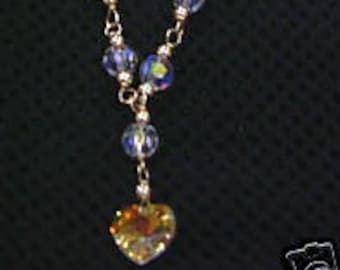 925 Silver 14K Gold Swarovski Crystal AB Necklace Heart Custom Made Wire Wrapped Bridal Bridesmaids MOB, Prom Colors