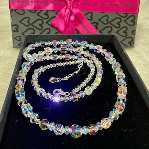 Geometric 925 Silver Bridal Long Necklace Aurora Borealis Swarovski Crystal Cube Donut Briolette Bling Bling Stack It Bridesmaid Prom Gift