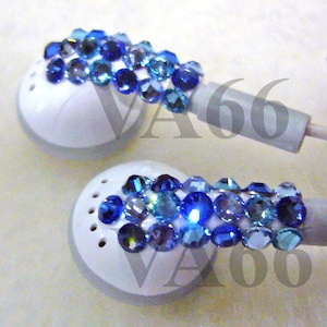 Audífonos blancos con tachuelas Bling Bling, tonos azules, con tachuelas planas de Swarovski, audífonos para escuchar música, audífonos con apariencia de Apple, regalos de fiesta