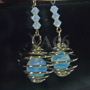 White Moonstone Opalite Opal in Cage and Swarovski Crystal White Opal Earrings Caged Moonstone for Bridal Party, Party Favors, Bridesmaids