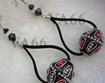 Boho Hippie style earrings Swarovski crystal, Black Leather n Vintage Look Black Bead earrings, Gift, Prom, Graduation Party, Bridal