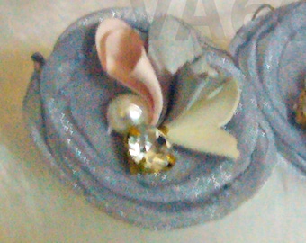 Fabric Flower Earrings Handmade Organza Gray Floral Jewellery Lightweight Rhinestone White Pearl Bridal Bridesmaids, Wedding, MOB, Prom, Mom