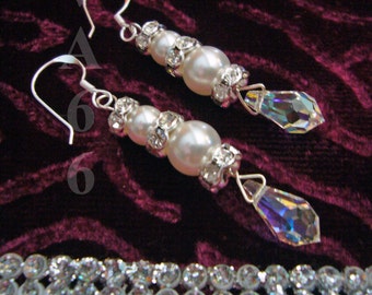 Bridal 925 Sterling Silver Swarovski Pearl Teardrop Crystal Earrings Rhinestone Rondelles Wire Wrapped U Pick Colour 27 Color choices