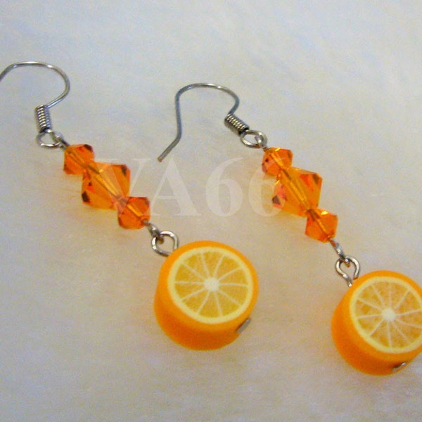 Fun Fruit Earrings Juicy Orange and Swarovski Crystals Earrings for Children, girl, birthday gift etc