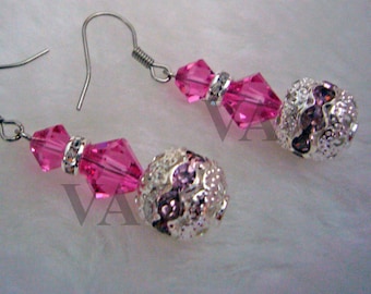 Bridal Pink n Silver Rhinestone n Swarovski Crystal Earrings Wedding, Bride, Bridesmaids, MOB, 21st Birthday, Prom, Present