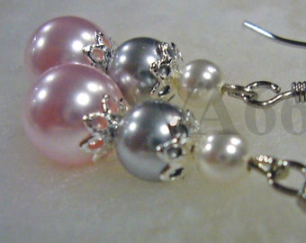 Bridal Swarovski Pearl Earrings 3 pearls Gift 27 Color Choices Bridesmaids, Flower Girl, Wedding, MOB, Prom, Casual, Mom Christmas