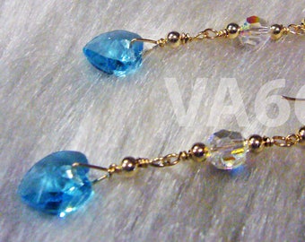 Blue Aquamarine Long Bridal Earrings 14K Gold Swarovski Crystal Earrings Heart 23 Colors 925 sterling silver Bridesmaids, mob, prom, gift