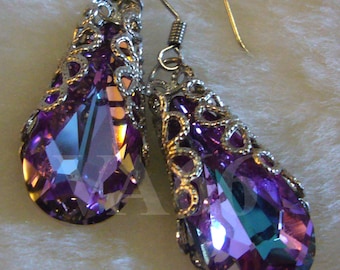 Filigree Half Wrapped Baroque Swarovski Crystal VL Vitrail Light Earrings Pear Teardrop Colors Wedding BB, VM, Bride, Bridesmaids, Prom