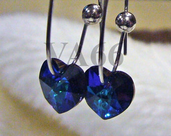 Handmade Swarovski Crystal Heart Love AB colors Peacock Blue Heliotrope Earrings Bridal Bridesmaids, Chandeliers, MOB. birdal party, prom