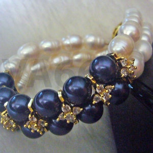 Natural Ivory Rice Pearls Double Strand Diamond Swarovski Pearl Bracelet 18k White Gold Rhinestone Bangle Bridal Wedding Prom Mother Gift