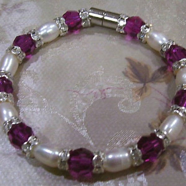 Natural Pearl Swarovski Crystal Diamond Rhinestone Rondelles Bracelet 4 Color Choices with Magnetic clasp