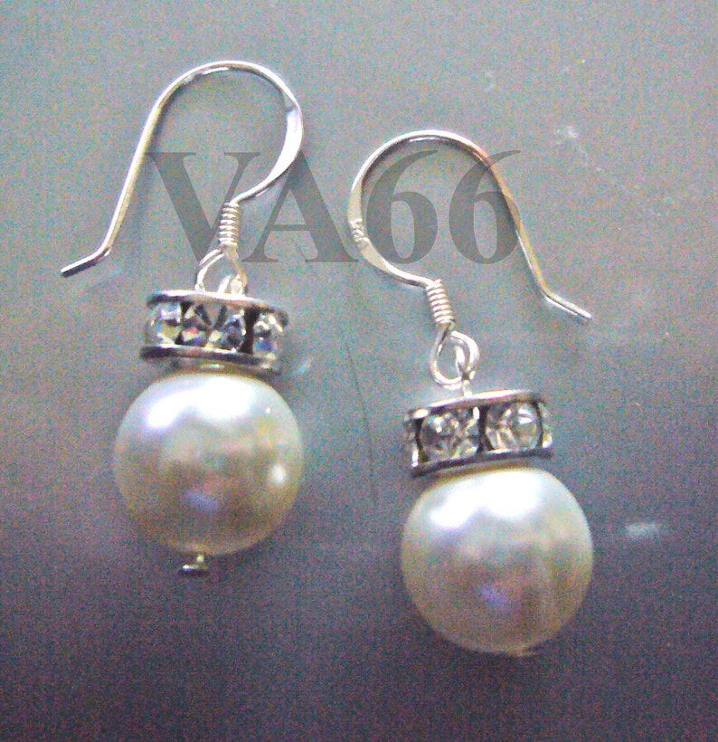 Bridal 10mm Pearl Earrings 925 Sterling Silver Swarovski Pearls Ivory White Rhinestone Rondelles 8mm Swarovski 27 Col Bride, Bridesmaids image 2