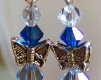 Swarovski Crystals Butterfly Earrings Blue 7 Col Choice Crystal Earring for children, girl, birthday, gift, sweet sixteen birthday prom MOB