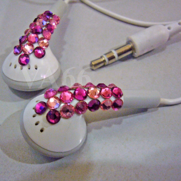 Bling Bling Studded White Ear Buds Pinks Swarovski Flatback studs on Ear phones listening to Music Apple Look Alike Ear Buds Party Favors