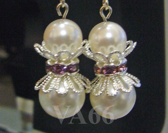 Bridal Pearl Earrings with Amethyst Rhinestone Separator Swarovski White Pearls Bridesmaids, Flower Girl, Christmas, Children