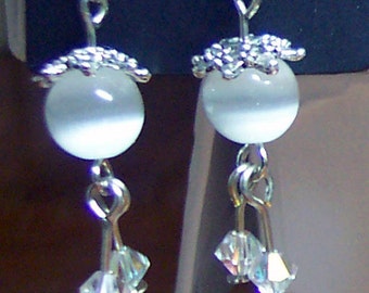 White Cat's Eyes Beads Swarovski Earrings Bali Bead Cap Below USD 1 Dangle, prom, birthday, back gifts, favors