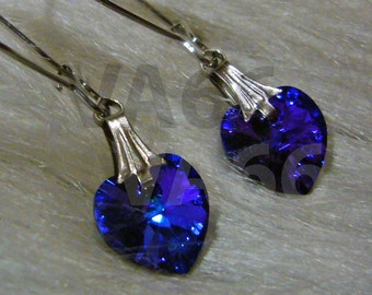 Swarovski Crystal Heart Love AB colors Peacock Blue Purple Heliotrope Earrings Kidney Wire Hooks Bridal Bridesmaids, Chandeliers, MOB