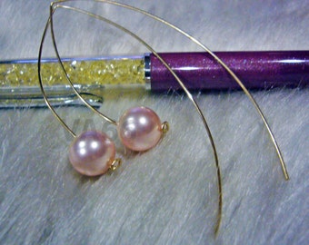 Open Hoop Large Hook Pearl Earrings Curve 14k Gold Filled Swarovski 10mm June birth stone Rosaline Pearl 27 colors Minimalist Long Ear Wires