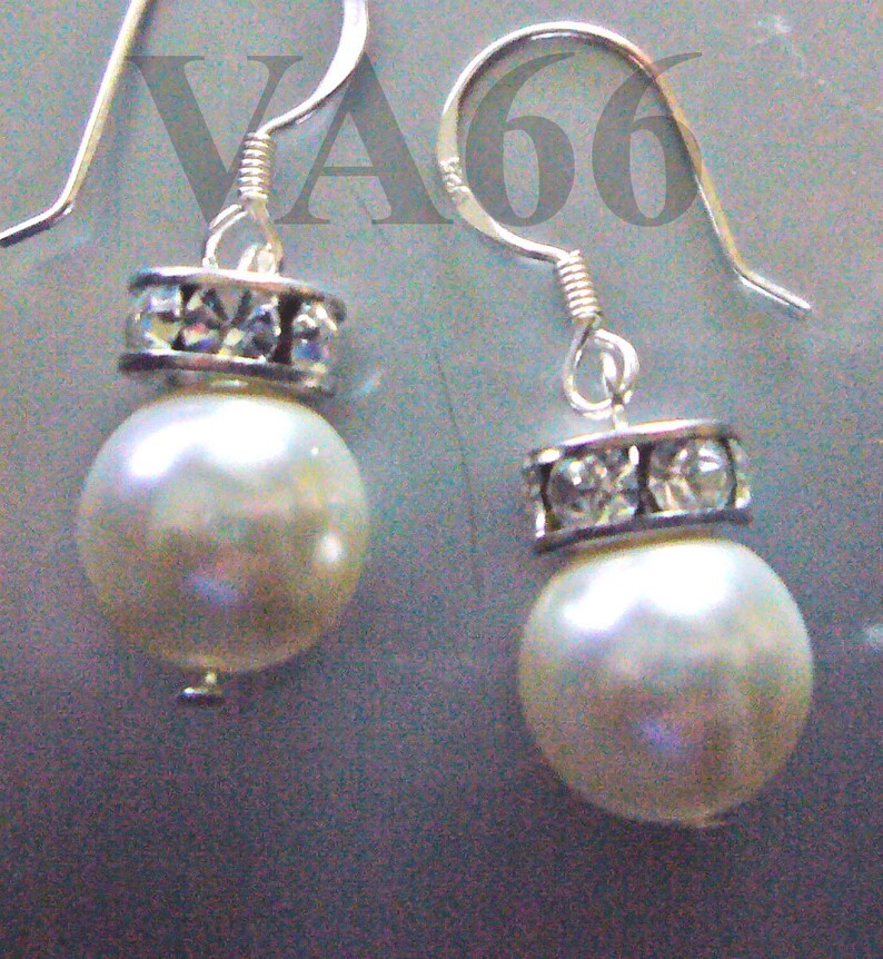 Bridal 10mm Pearl Earrings 925 Sterling Silver Swarovski Pearls Ivory White Rhinestone Rondelles 8mm Swarovski 27 Col Bride, Bridesmaids image 1