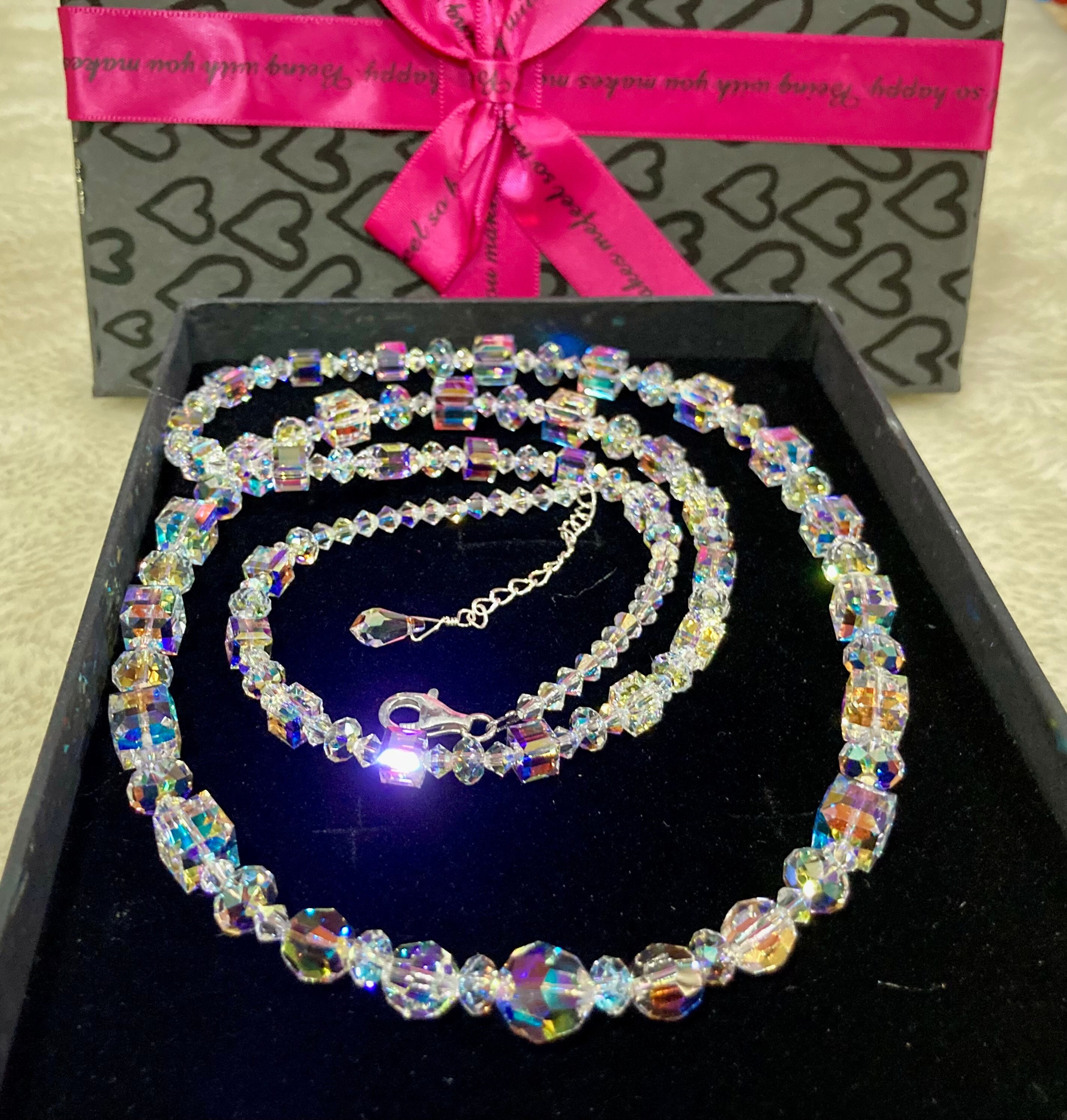 Geometric 925 Silver Bridal Long Necklace Aurora Borealis Swarovski Crystal Cube Donut Briolette Bling Bling Stack It Bridesmaid Prom Gift