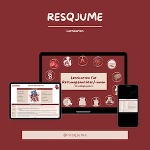 Könnte beinhalten: Digitale Präsentation von medizinischen Lernkarten mit dem Text "RESQJUME" und "Lernkarten" oben. Ein Tablet und ein Smartphone zeigen denselben Inhalt. Der Hintergrund ist weinrot.