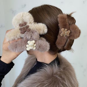 Plush Bear Hair Claw Clip | Cute Cartoon Shark Clip for Women | Korean Style Winter Hair Accessory | Soft Furry Hair Crab Claw