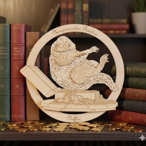 May include: A wooden laser-cut artwork featuring a creature with the text "Magisacculus Raptor" and "Niffler". The creature is depicted on a pile of coins with an open satchel. The artwork is displayed on a shelf with books.