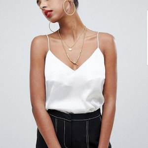 Elegant White Satin Cami Top – Minimalist Spaghetti Strap Blouse for Women