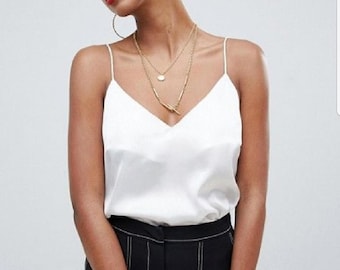 Elegant White Satin Cami Top – Minimalist Spaghetti Strap Blouse for Women