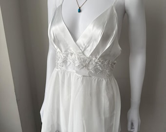 Bridal White Satin Lace Lingerie Set – Sheer Babydoll and Shorts for Honeymoon, Boudoir, or Wedding Night