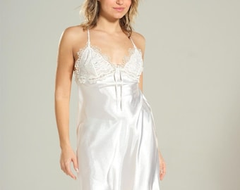 White Satin Bridal Slip Dress with Lace Trim | Wedding Night Lingerie Honeymoon Sleepwear