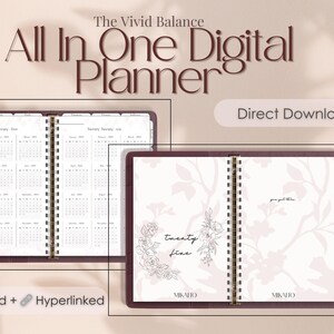 Peut inclure: Un planificateur num&eacute;rique avec une couverture bordeaux et une reliure spirale dor&eacute;e. Le planificateur est ouvert sur une page avec un motif floral et le texte "twenty five". Le planificateur est intitul&eacute; "The Vivid Balance All In One Digital Planner" et "Direct Download".