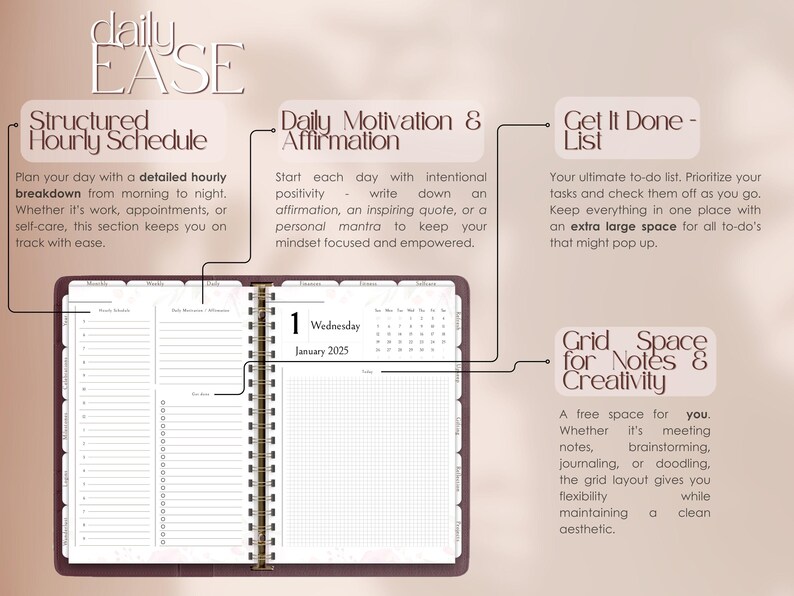 Peut inclure: Un agenda marron avec une reliure spirale dor&eacute;e. L'agenda comprend un planning journalier, une section de motivation et d'affirmation quotidienne, une liste de t&acirc;ches &agrave; faire et un espace quadrill&eacute; pour les notes et la cr&eacute;ativit&eacute;. L'agenda est ouvert sur un mercredi de janvier.