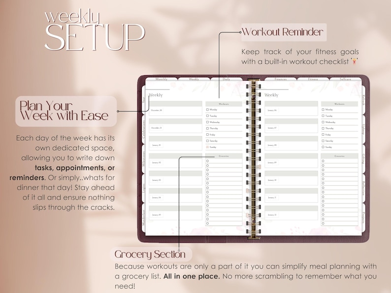 Peut inclure: Un agenda bordeaux avec une configuration hebdomadaire pour planifier les t&acirc;ches, les rendez-vous et les rappels. L'agenda comprend une section pour les listes de courses et une liste de contr&ocirc;le d'entra&icirc;nement. Le texte "Plan Your Week with Ease" est pr&eacute;sent&eacute; sur la couverture.