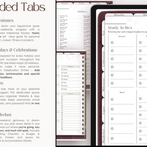Peut inclure: Gros plan sur un agenda avec des onglets bordeaux &eacute;tiquet&eacute;s "Wanderlust", "Logins", "Milestones", "Celebrations", "Holidays", "Monthly", et "Weekly". L'agenda a un fond blanc avec du texte noir et des lignes. Les onglets sont en mat&eacute;riau bordeaux textur&eacute;.
