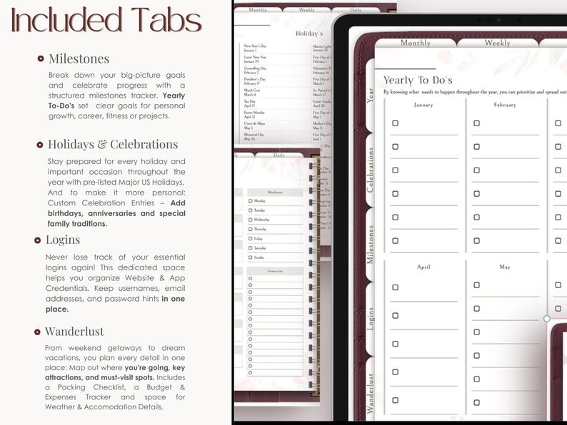 Peut inclure: Gros plan sur un agenda avec des onglets bordeaux &eacute;tiquet&eacute;s "Wanderlust", "Logins", "Milestones", "Celebrations", "Holidays", "Monthly", et "Weekly". L'agenda a un fond blanc avec du texte noir et des lignes. Les onglets sont en mat&eacute;riau bordeaux textur&eacute;.