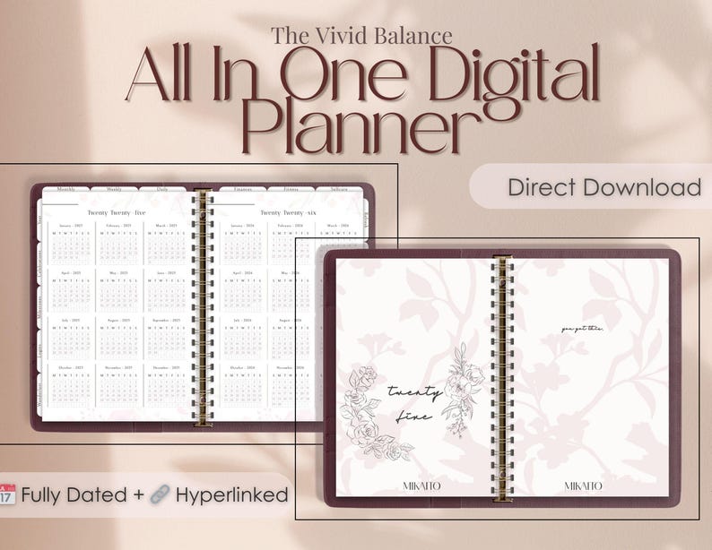 Peut inclure: Un planificateur num&eacute;rique avec une couverture bordeaux et une reliure spirale dor&eacute;e. Le planificateur est ouvert sur une page avec un motif floral et le texte "twenty five". Le planificateur est intitul&eacute; "The Vivid Balance All In One Digital Planner" et "Direct Download".