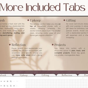 Peut inclure: Un planneur en cuir marron avec des onglets intitul&eacute;s "Refresh", "Upkeep", "Gifting", "Reflection" et "Projects". Chaque onglet contient une description de la section. Le planneur a une mise en page quadrill&eacute;e pour l'&eacute;criture.