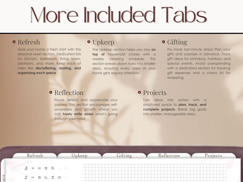 Peut inclure: Un planneur en cuir marron avec des onglets intitul&eacute;s "Refresh", "Upkeep", "Gifting", "Reflection" et "Projects". Chaque onglet contient une description de la section. Le planneur a une mise en page quadrill&eacute;e pour l'&eacute;criture.