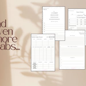 Peut inclure: Un ensemble de pages de planificateur imprimables avec des onglets pour les soins personnels, la forme physique et le budget. Les pages sont blanches avec du texte noir et des lignes.