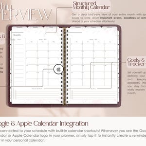 Peut inclure: Un agenda reli&eacute; en cuir marron avec un calendrier mensuel, une section notes et priorit&eacute;s, un suivi des objectifs et des &eacute;ch&eacute;ances, ainsi qu'une int&eacute;gration avec les calendriers Google et Apple. L'agenda est dot&eacute; d'une reliure spirale dor&eacute;e.