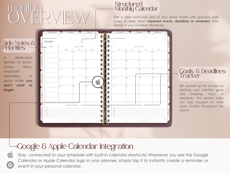 Peut inclure: Un agenda reli&eacute; en cuir marron avec un calendrier mensuel, une section notes et priorit&eacute;s, un suivi des objectifs et des &eacute;ch&eacute;ances, ainsi qu'une int&eacute;gration avec les calendriers Google et Apple. L'agenda est dot&eacute; d'une reliure spirale dor&eacute;e.