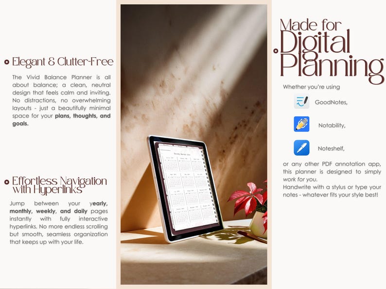 Peut inclure: Un planificateur num&eacute;rique au design neutre, ouvert sur une table avec une plante rouge en arri&egrave;re-plan. Le planificateur est con&ccedil;u pour la planification num&eacute;rique et peut &ecirc;tre utilis&eacute; avec des applications comme GoodNotes, Notability et Noteshelf. Le texte sur la page indique "Navigation sans effort avec des hyperliens".