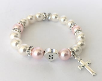 Baptism Bracelet, First Communion Bracelet, Flower Girl Gift, Flower Girl Jewelry, First Communion Gift, Pearl Bracelet, Heart, Cross B242PW